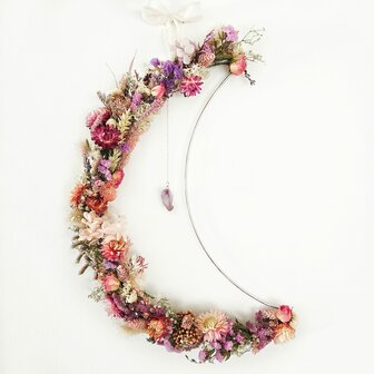 moon-shaped flower wreath with birch crystal and amethyst