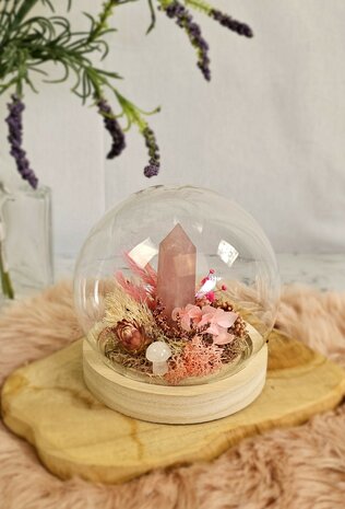 Rose quartz garden in a bell jar