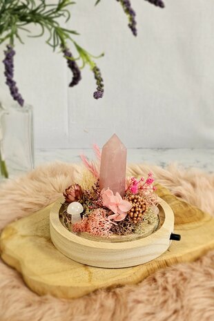 Rose quartz garden in a bell jar